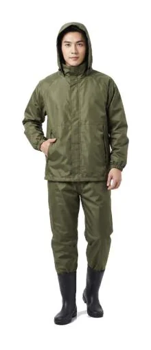 Two-piece waterproof jacket and trouser set worn by a figure