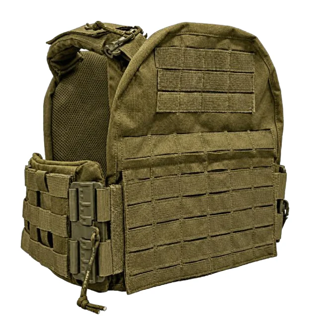Combination tactical vest in Ranger Green with MOLLE webbing and quick-release hardware
